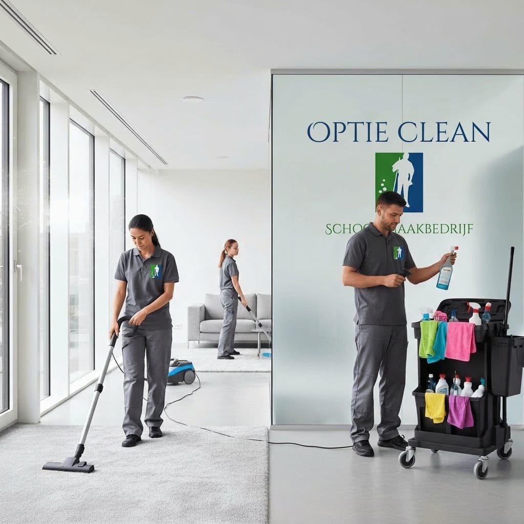 Trois agents de nettoyage en uniforme gris utilisant un aspirateur et un chariot professionnel.